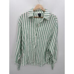 Scoop Button Down Shirt Women Medium Green Striped Linen Rayon Collar Tunic